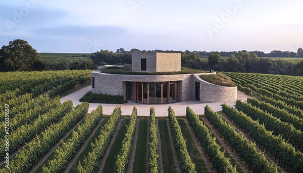 Fototapeta Modern winery architecture amidst green vineyards under clear blue sky. Stone design with contemporary curves in serene rural landscape. Aerial view highlights symmetry vibrant greenery and innovation