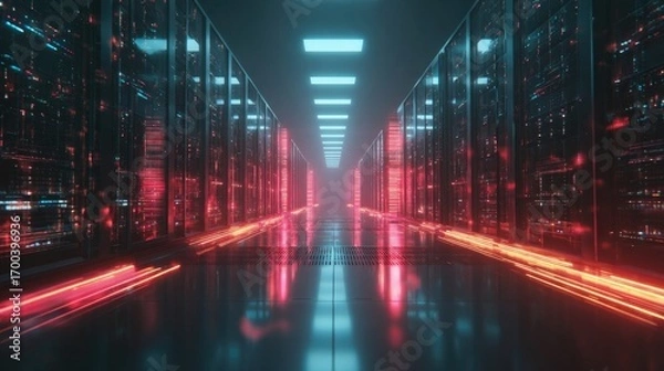 Fototapeta Futuristic data center corridor with glowing neon lights and rows of server racks, abstract technology background symbolizing cloud, network and security