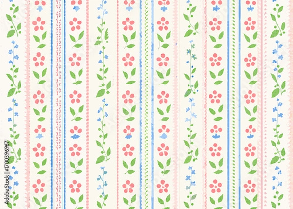 Fototapeta Charming watercolor floral stripe pattern with pink flowers and blue forget me nots