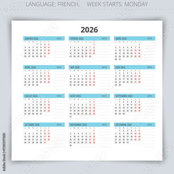 Fototapeta 2026 french calendar for 12 months with space for notes. Vector year illustration for France