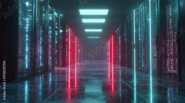 Fototapeta Futuristic data center corridor with glowing neon lights and rows of server racks, abstract technology background symbolizing cloud, network and security