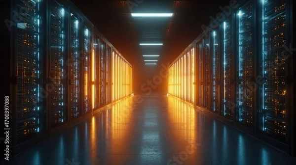 Fototapeta Futuristic data center corridor with glowing neon lights and rows of server racks, abstract technology background symbolizing cloud, network and security