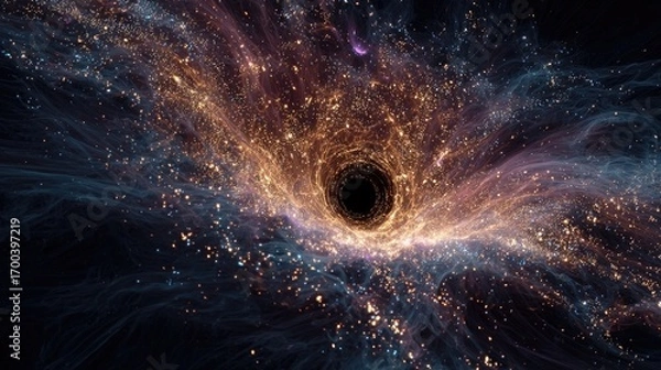 Fototapeta Abstract black hole in deep space with glowing cosmic particles and swirling energy, futuristic astronomy background symbolizing gravity, mystery and universe