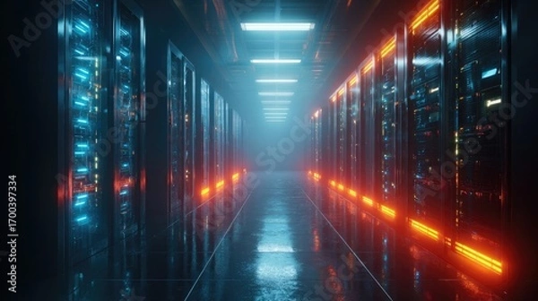Fototapeta Futuristic data center corridor with glowing neon lights and rows of server racks, abstract technology background symbolizing cloud, network and security