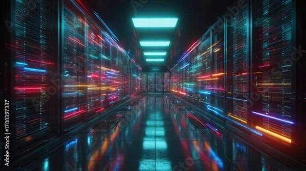 Fototapeta Futuristic data center corridor with glowing neon lights and rows of server racks, abstract technology background symbolizing cloud, network and security