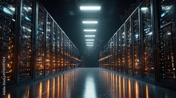Fototapeta Futuristic data center corridor with glowing neon lights and rows of server racks, abstract technology background symbolizing cloud, network and security