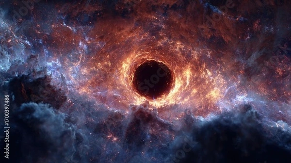 Fototapeta Abstract black hole in deep space with glowing cosmic particles and swirling energy, futuristic astronomy background symbolizing gravity, mystery and universe