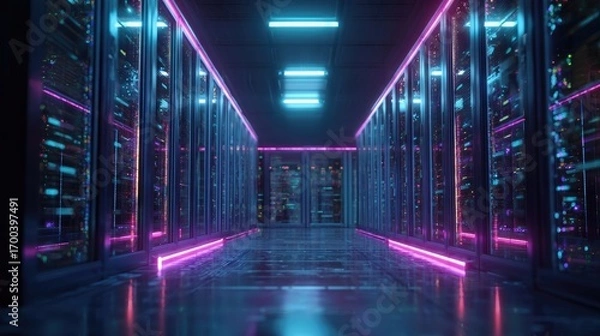 Fototapeta Futuristic data center corridor with glowing neon lights and rows of server racks, abstract technology background symbolizing cloud, network and security