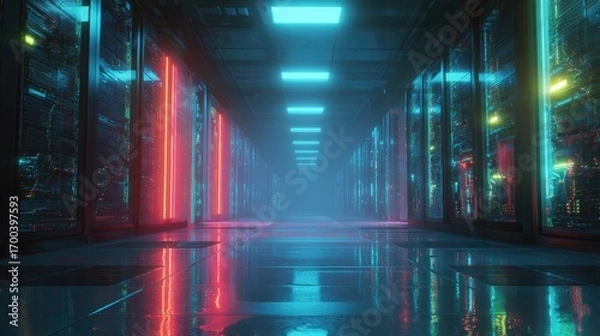 Fototapeta Futuristic data center corridor with glowing neon lights and rows of server racks, abstract technology background symbolizing cloud, network and security