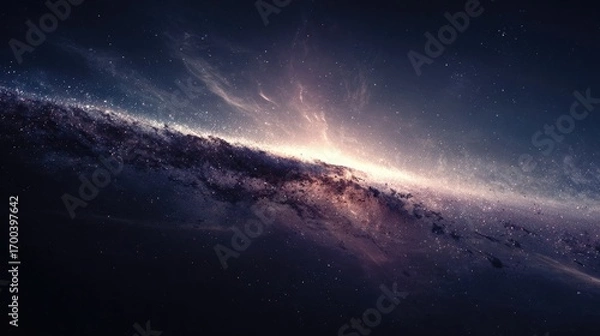 Fototapeta Stunning view of galaxy with glowing light horizon and countless stars in deep space, abstract cosmic background symbolizing universe, infinity and astronomy