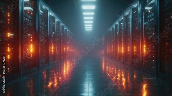 Fototapeta Futuristic data center corridor with glowing neon lights and rows of server racks, abstract technology background symbolizing cloud, network and security