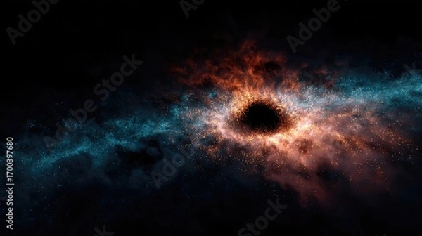 Fototapeta Abstract black hole in deep space with glowing cosmic particles and swirling energy, futuristic astronomy background symbolizing gravity, mystery and universe