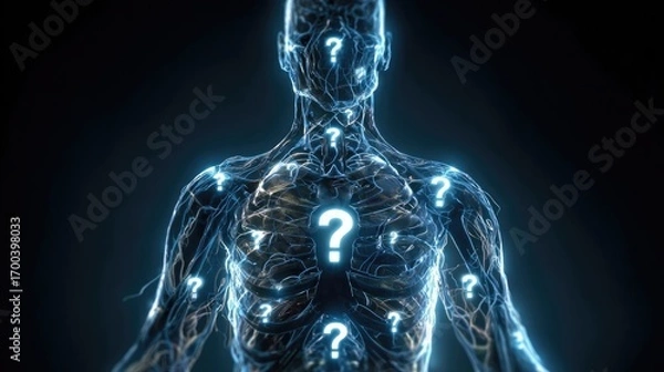 Fototapeta Futuristic digital human figure with glowing question marks inside abstract network structure, concept of artificial intelligence, uncertainty and knowledge