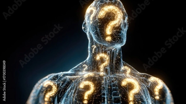 Fototapeta Futuristic digital human figure with glowing question marks inside abstract network structure, concept of artificial intelligence, uncertainty and knowledge