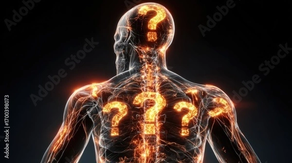 Fototapeta Futuristic digital human figure with glowing question marks inside abstract network structure, concept of artificial intelligence, uncertainty and knowledge