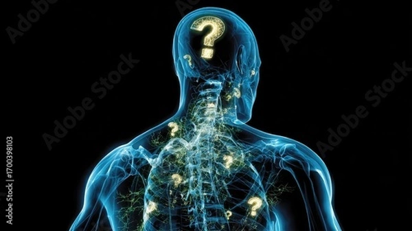 Fototapeta Futuristic digital human figure with glowing question marks inside abstract network structure, concept of artificial intelligence, uncertainty and knowledge