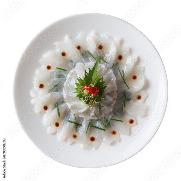 Fototapeta Elegant Top-Down Presentation of Japanese Fugu Sashimi on a White Plate [Transparent Background PNG].
