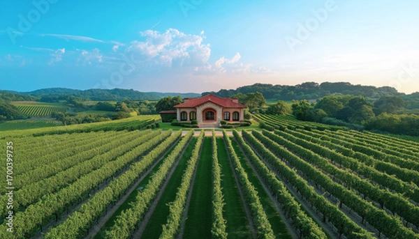 Fototapeta Modern winery architecture amidst green vineyards under clear blue sky. Stone design with contemporary curves in serene rural landscape. View highlights symmetry vibrant greenery and innovation