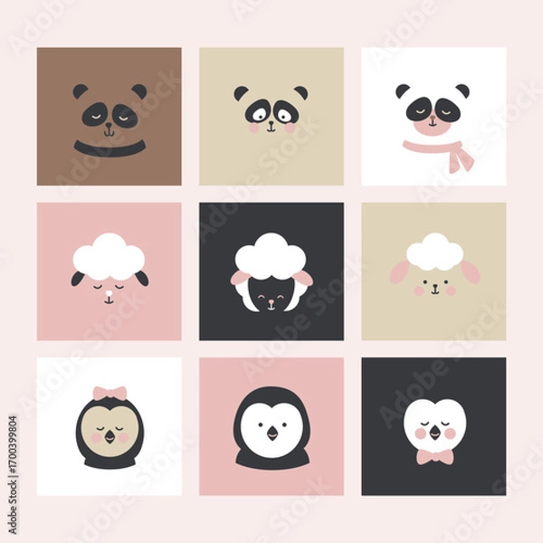 Fototapeta Set of cards with domestic and wild animals. Cat, sheep, bear, penguin and dog heads, animal faces icon set. Cute banners with characters isolated on white background.