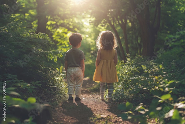 Fototapeta Lonely two children standing on forest path surrounded by lush greenery, bathed in warm sunlight filtering through trees. Both looking forward in deep forest.