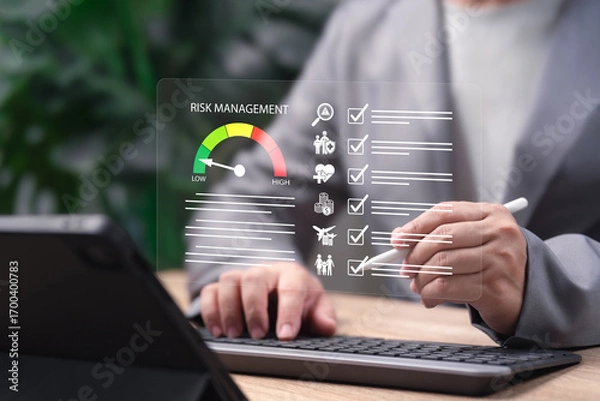 Fototapeta Risk Management Concept, Businessman Reviewing Checklist of Potential Risk,Financial, Business Operations,Health, Family Protection,Strategic Planning, Secure Decision Making, Corporate Responsibility