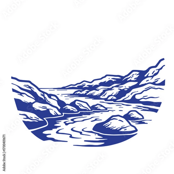 Obraz Blue and white artistic illustration of a scenic river valley landscape with mountains