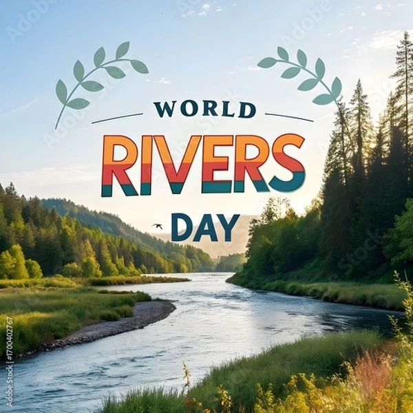 Fototapeta World Rivers Day illustration with flowing typography, water motifs, and environmental conservation elements.  
