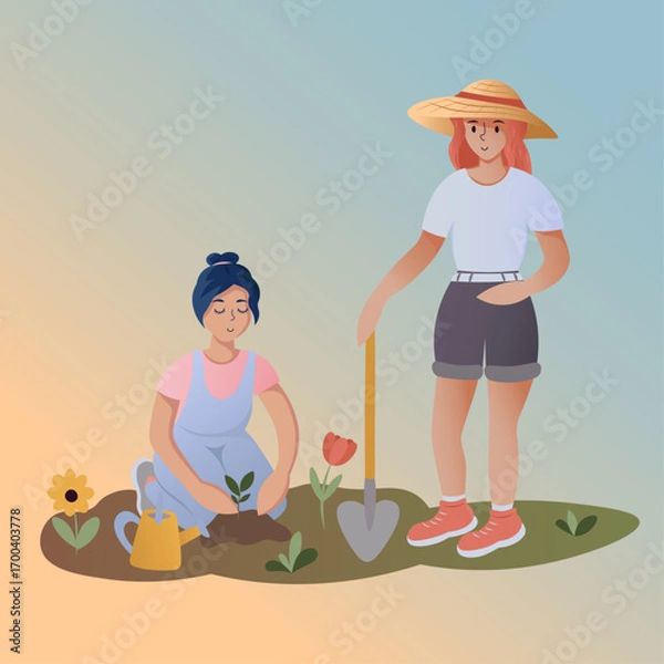 Fototapeta The illustration depicts two female friends gardening. One of them is sitting on the ground, the other is standing next to a shovel. Flowers are growing around them, creating an atmosphere of coziness
