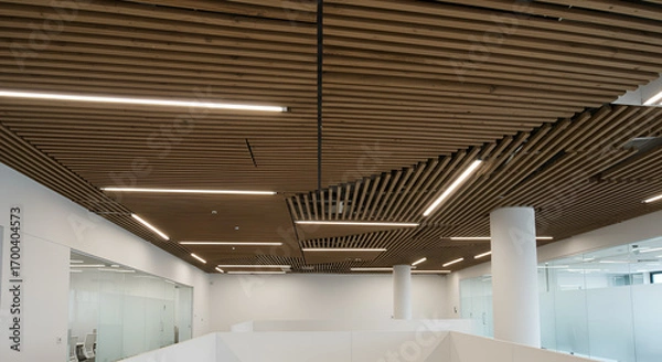 Fototapeta "Elegant bedroom with a combination of gypsum ceiling panels and wood finish HPL inserts, integrated soft LED ambient lighting along the perimeter"