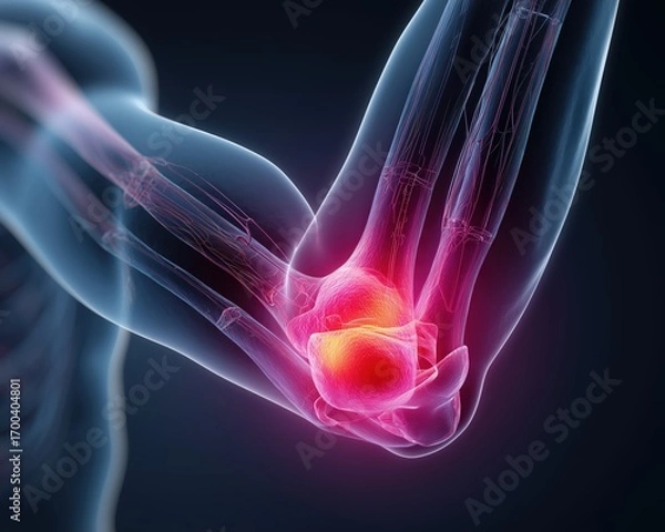 Fototapeta A close-up view of a human elbow joint, highlighting inflammation, showcasing anatomy and health issues related to joint pain.