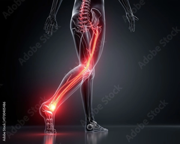 Fototapeta A detailed illustration of a human leg, showcasing the anatomy and highlighting muscle and skeletal structures in vivid colors.