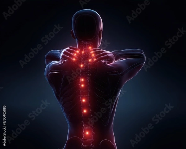 Fototapeta A digital illustration of a human spine displaying areas of tension and pain, highlighting the complexity of the human body.