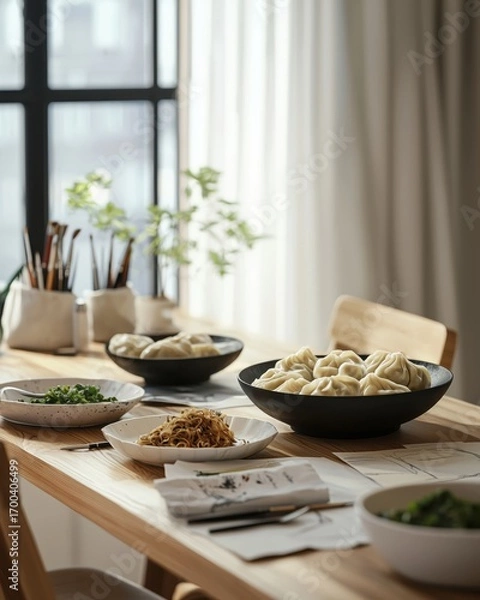 Obraz Homemade dumplings and fresh ingredients spread on a rustic wooden table by a bright window