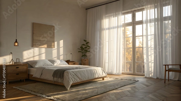 Fototapeta Bright Bedroom with Large Windows and Wooden Floor