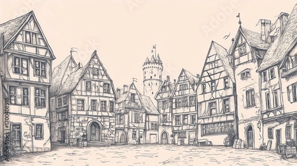 Fototapeta Old town square drawing