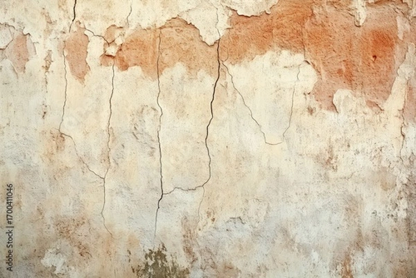 Fototapeta Aged, weathered stucco wall exhibits deep cracks and varying shades of beige and terracotta, showcasing a textured surface.