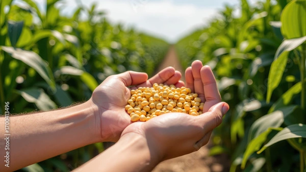 Obraz Sustainable agriculture showcases hands holding yellow soybeans in lush green field, symbolizing growth and harvest
