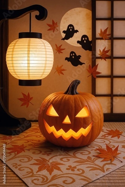 Obraz 和室に飾られたハロウィンかぼちゃとお化けシルエット
