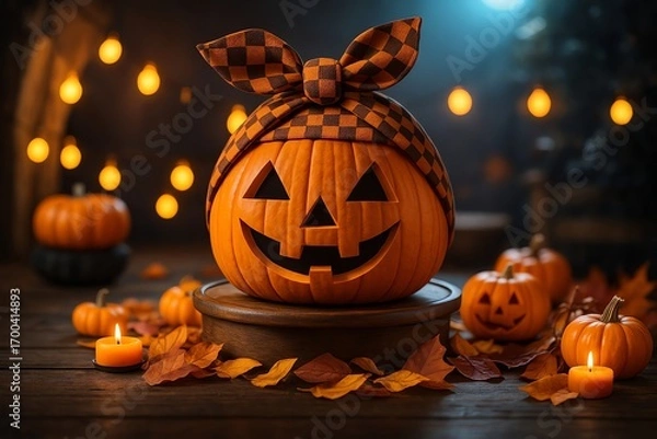Obraz イルミネーションと紅葉の中の和風ジャックオーランタン
