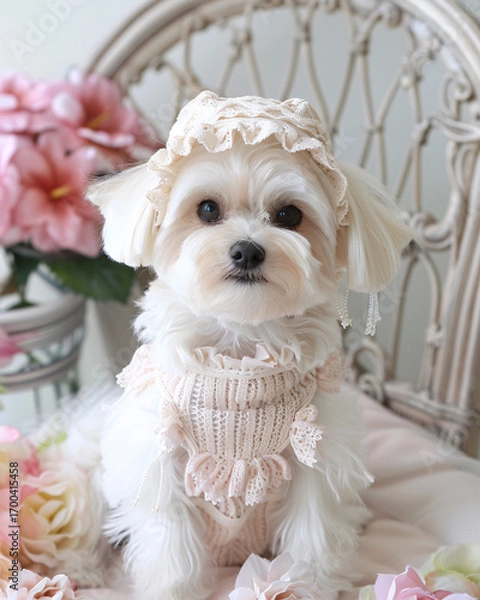 Fototapeta A Cute Dog You have never seen in Vintage Lace Dress.