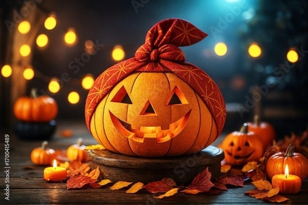 Obraz イルミネーションと紅葉の中の和風ジャックオーランタン
