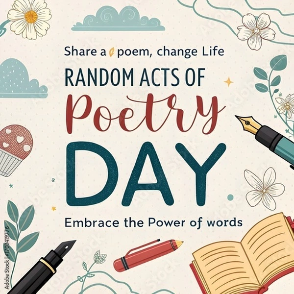Fototapeta Random Acts of Poetry Day illustration with creative typography, whimsical elements, and literary inspiration.  
