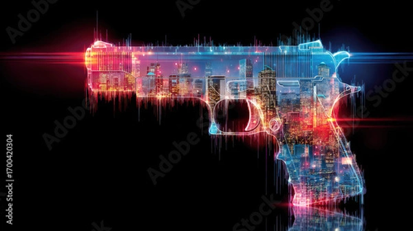 Fototapeta Urban crime visualization depicting a city skyline within a firearm graphic at night with neon color highlights
