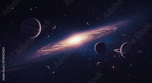 Fototapeta "A cosmic illustration of planets, stars, and galaxies in a deep night sky, painted with glowing neon colors. The artwork has a dreamy and futuristic space theme, no humans included."