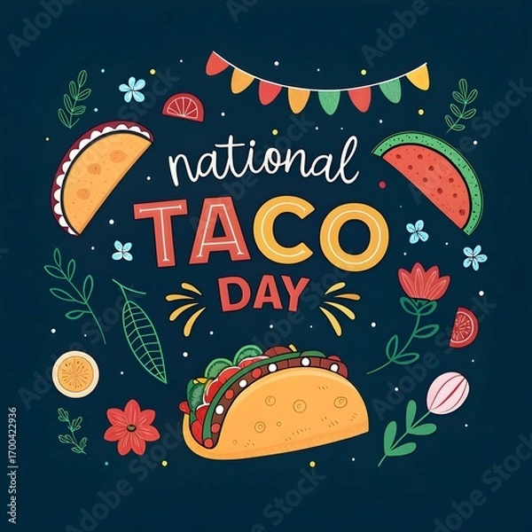 Fototapeta National Taco Day text illustration with festive typography, vibrant colors, and playful food-themed graphics.  