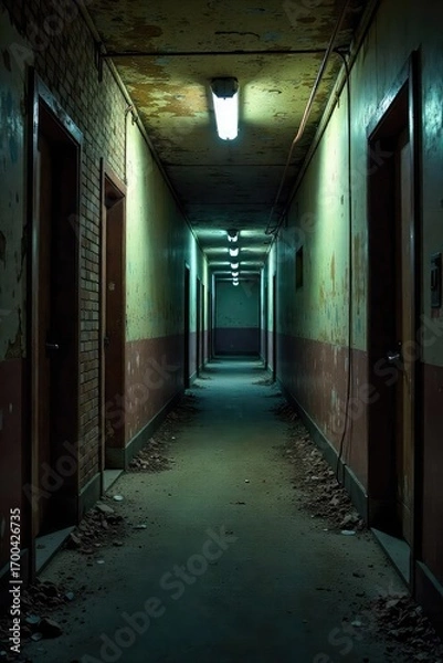 Fototapeta A dimly lit, grungy hallway, characterized by peeling paint, exposed brick, and a sense of decay; perfect for evoking themes of urban decay, mystery, and forgotten spaces , floor, wallpaper