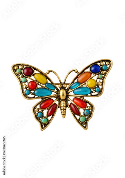 Fototapeta Golden Butterfly Brooch With Colorful Gemstones Isolated On Black Background
