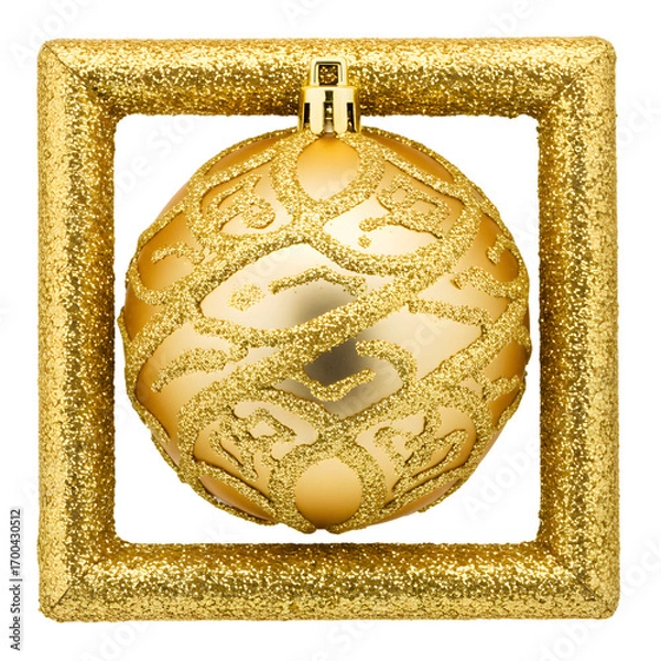 Fototapeta Golden Christmas Ornament Inside Square Frame Isolated On Transparent Background