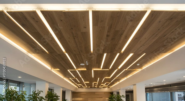 Fototapeta "Ceiling decoration in a luxury restaurant featuring suspended wood-look HPL panels with warm LED backlighting, contrasted with gypsum bulkhead framing"