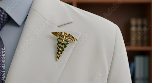 Obraz Doctor's White Coat with Caduceus Symbol Pin